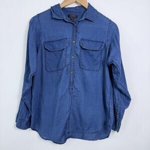 J Crew Chambray Popover Top Womens‎ Size 6 Blue Flap Pockets Western Casual